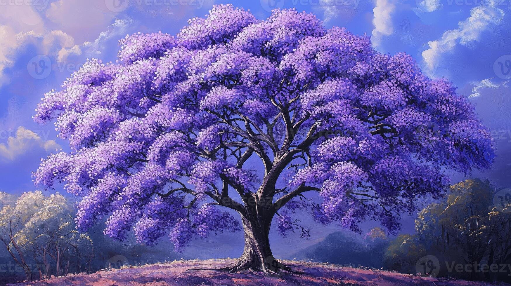 A vibrant jacaranda tree in full bloom against a dramatic sky during late afternoon light in an enchanting landscape photo
