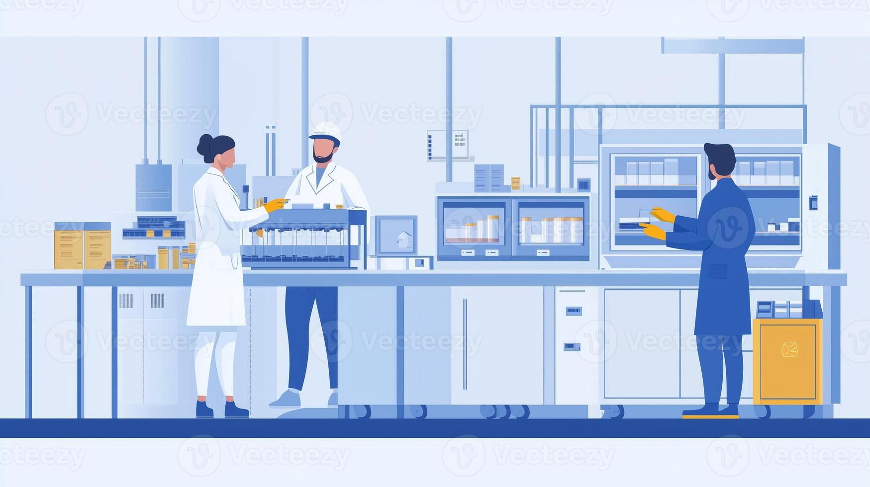 Laboratory professionals conducting experiments and analyzing samples in a modern research facility during daytime photo