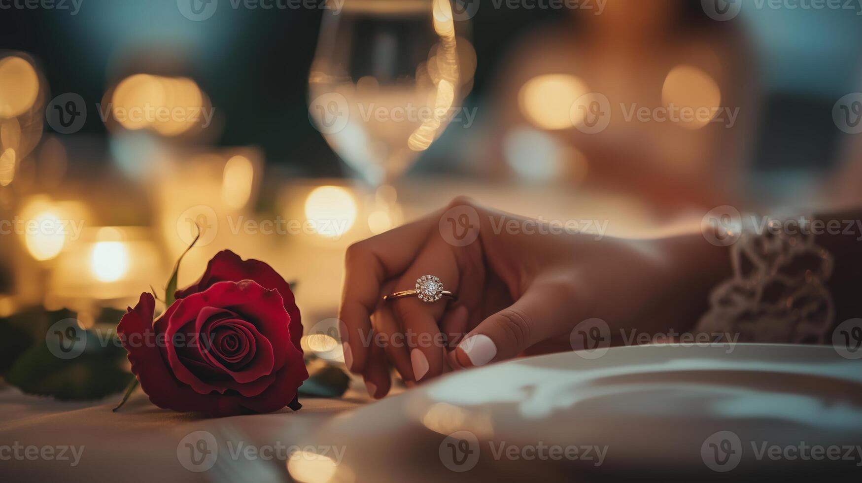 Romantic dinner setting with a candlelit table, a rose, and an engagement ring during an evening celebration photo