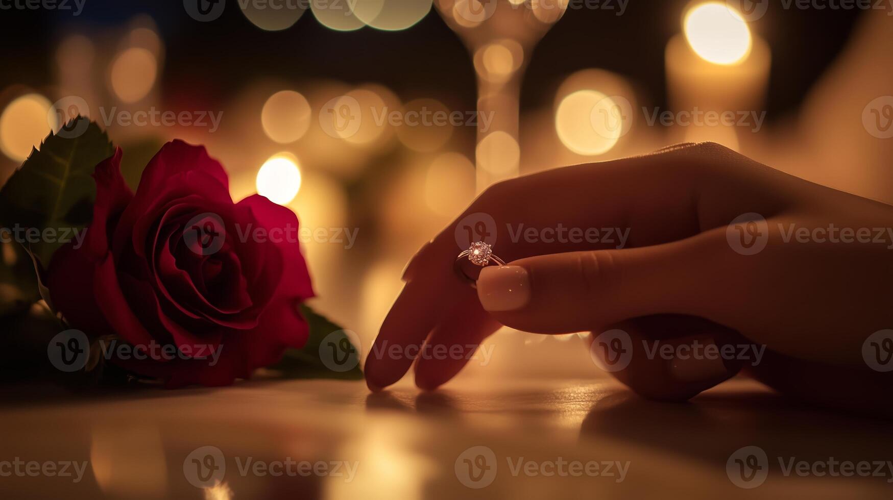 A romantic dinner setting featuring a hand with an engagement ring and a red rose illuminated by candlelight photo