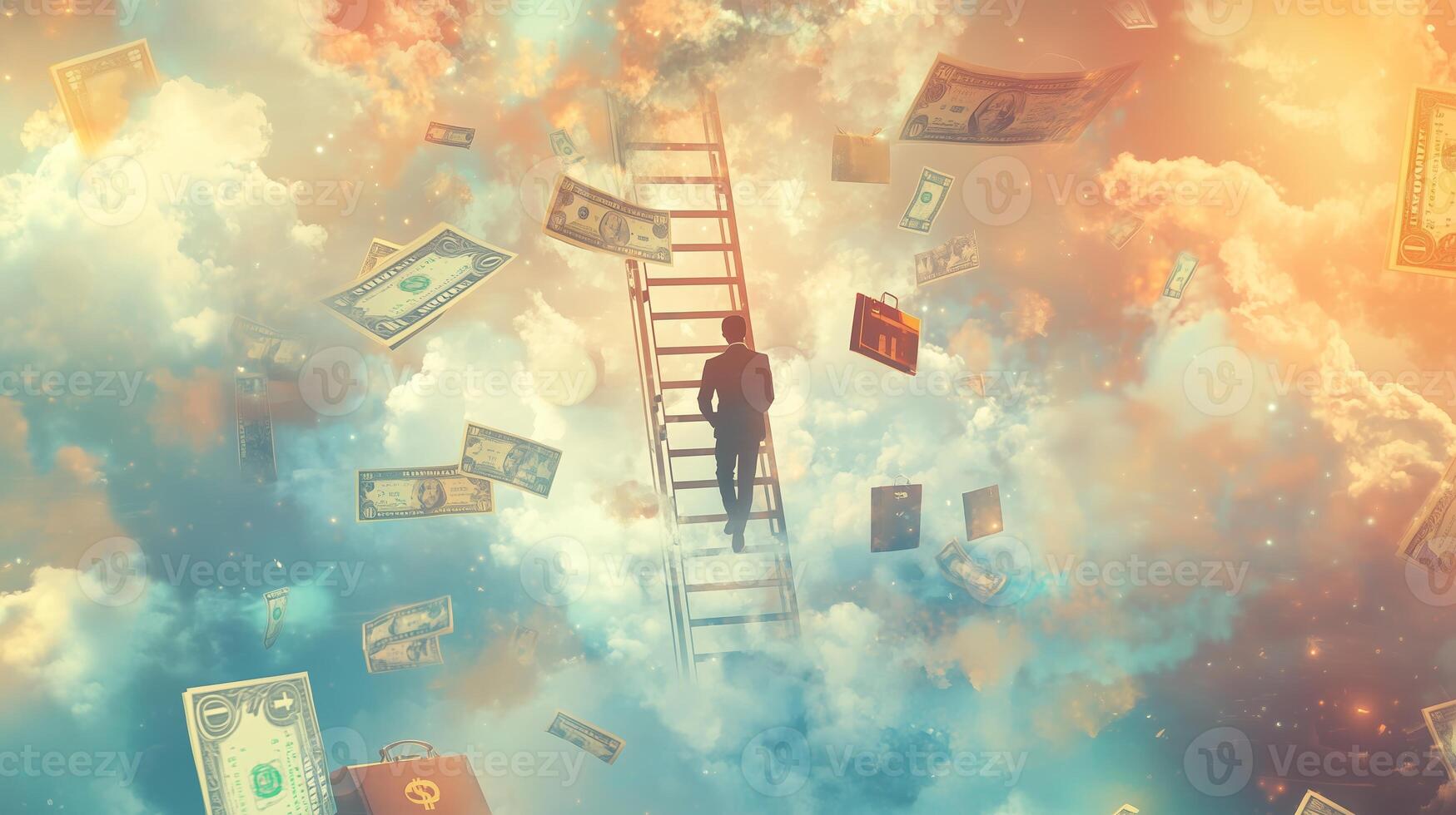 A figure ascends a ladder in a dreamlike landscape filled with floating money and ethereal clouds at twilight photo