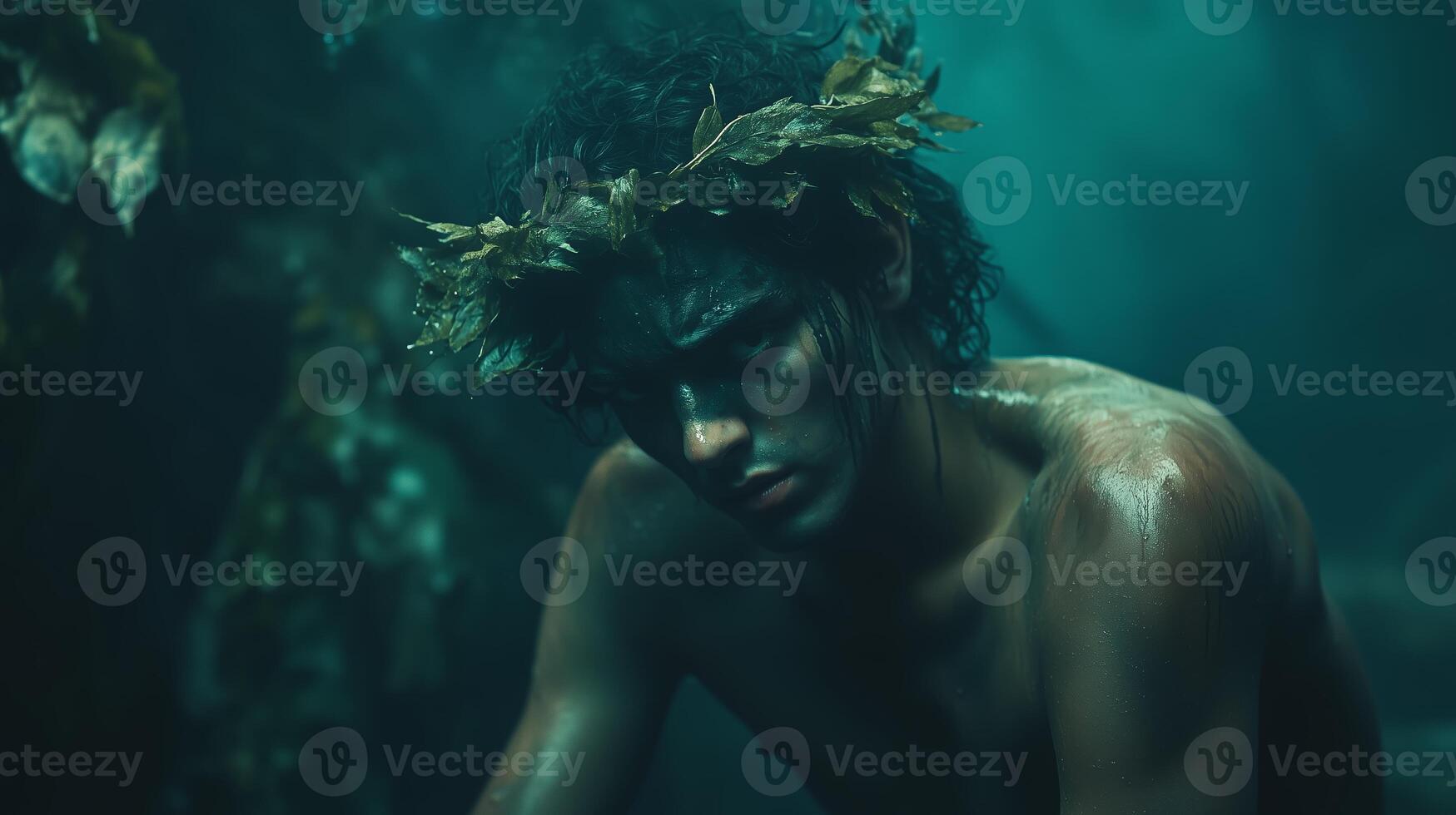 Young man wearing a leaf crown and war paint reflects in a dense jungle with dark greenery and mist during a mystical moment photo
