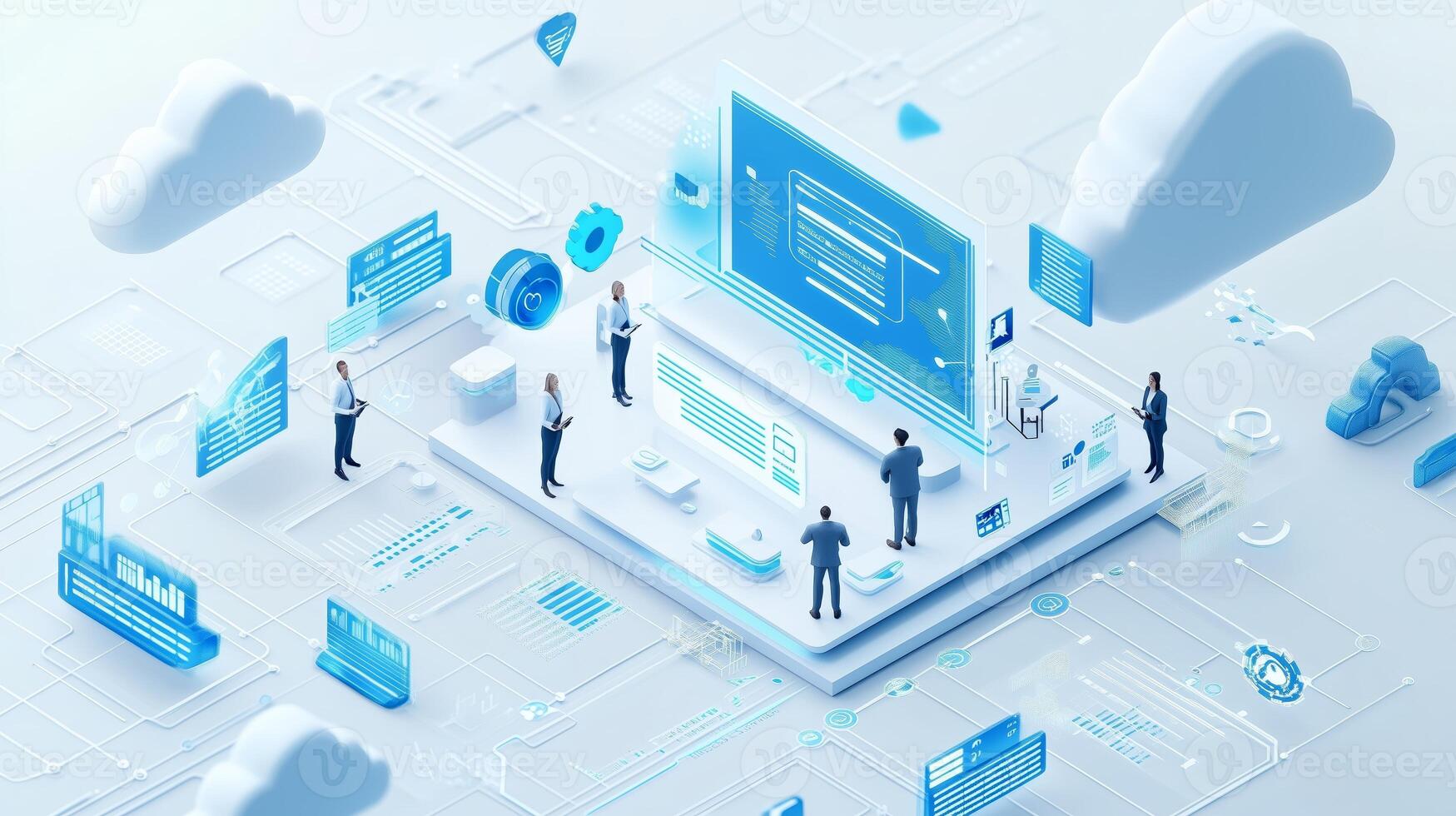 Digital transformation in a modern workspace with professionals collaborating on technology solutions in a virtual environment photo