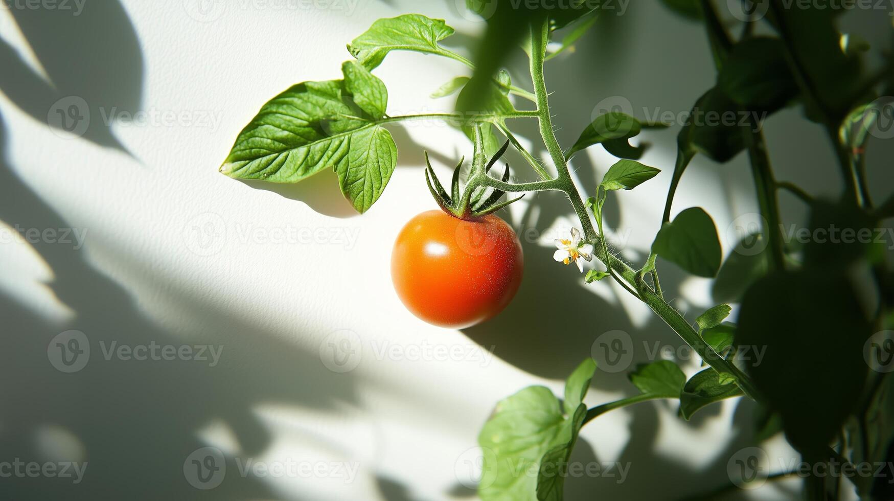 A ripe tomato hanging on a vine surrounded by green leaves and delicate flowers in a bright, sunny garden photo
