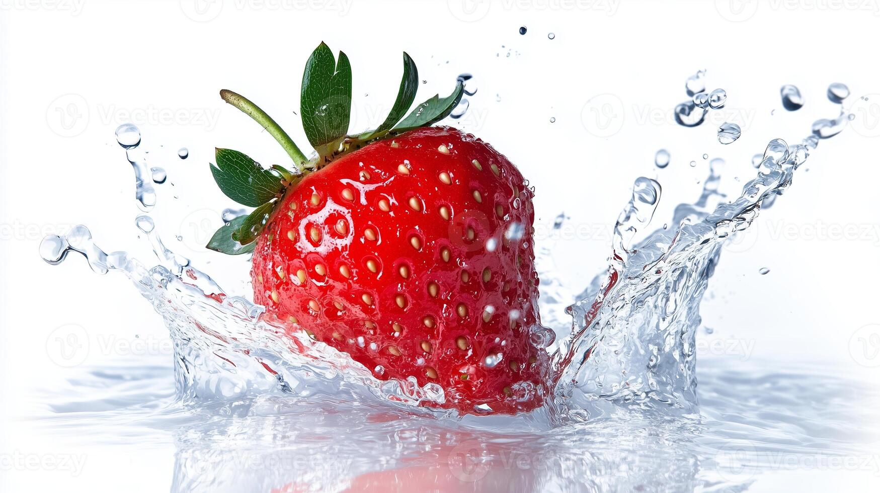 Fresh strawberry splashing into water creating vibrant droplets in a bright, clean setting photo