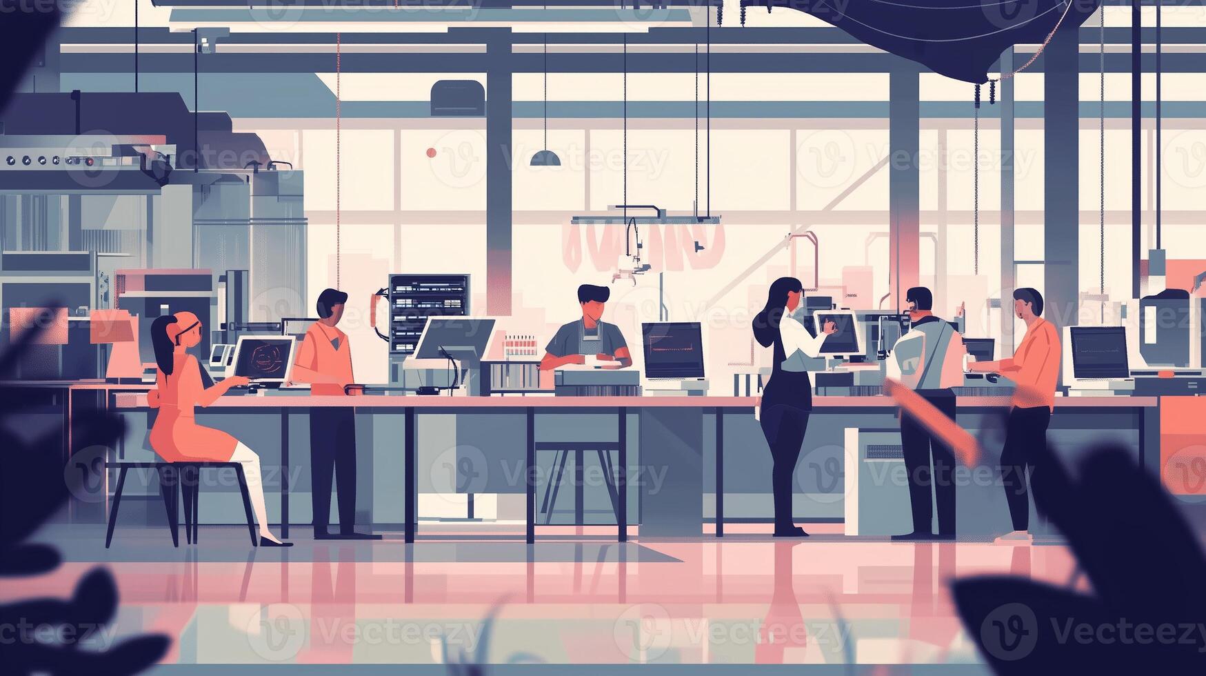 A diverse group of professionals collaborates in a modern office setting focused on technology and innovation during a productive workday photo