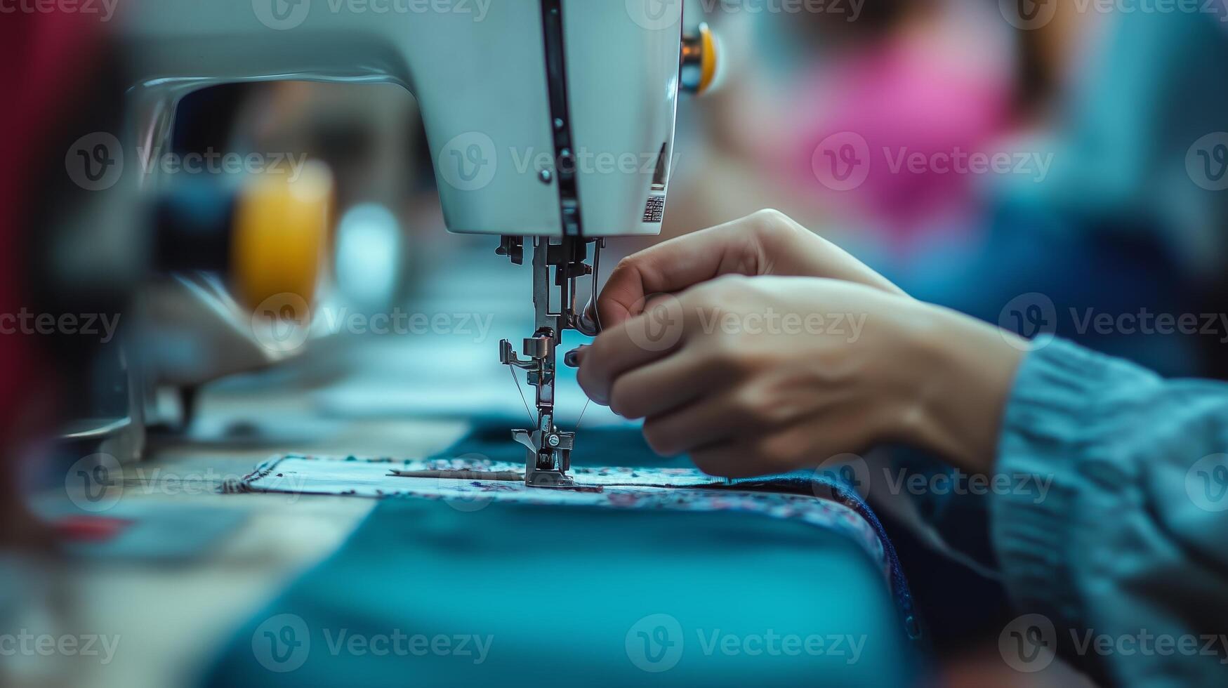 A skilled artisan sewing fabric with precision at a tailor shop during the day in a bustling workshop photo