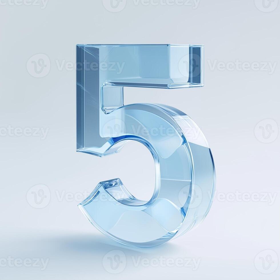 A translucent blue glass number five displayed against a soft light background, emphasizing elegance and clarity in design photo