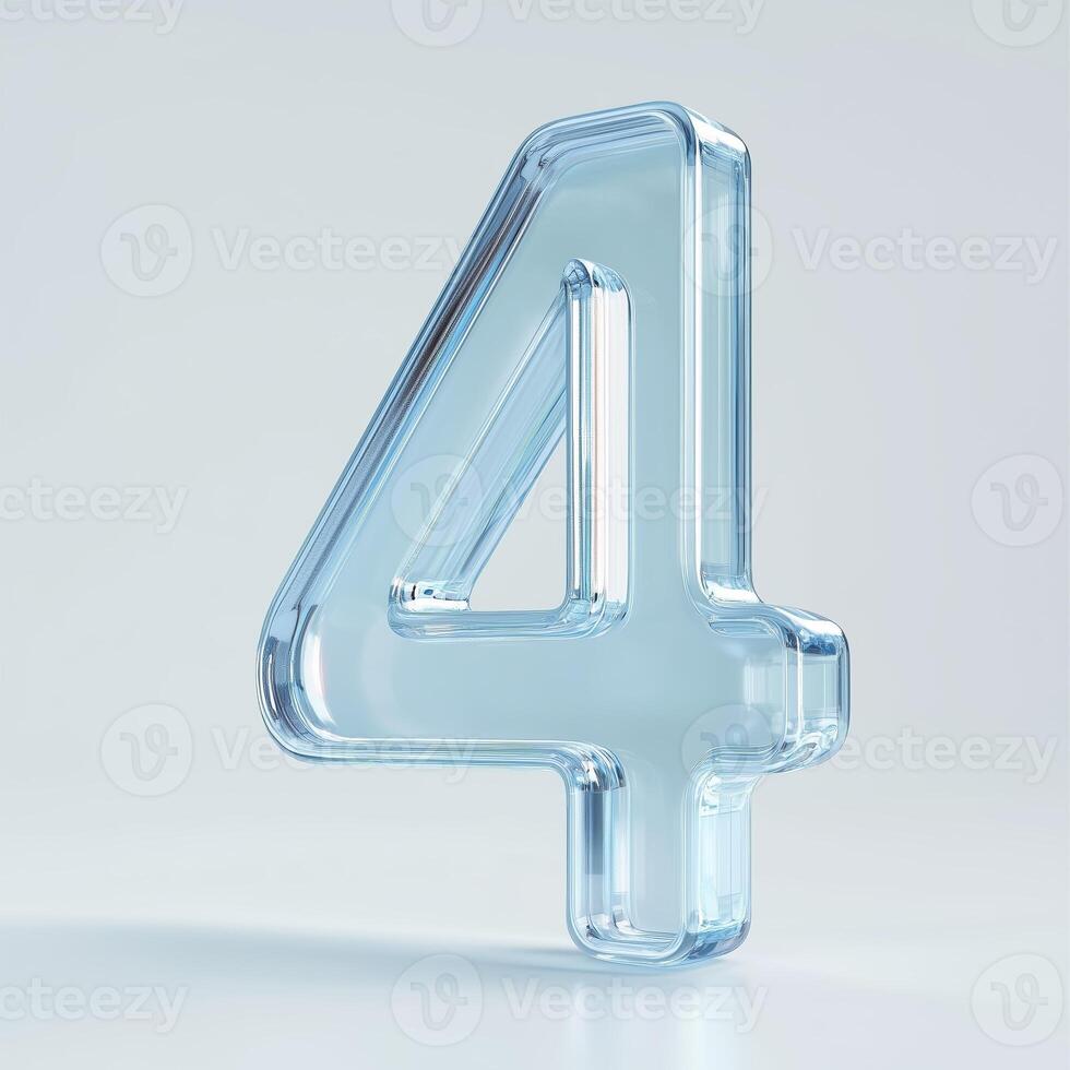 Transparent glass number four design displayed on a light background, creating a modern and artistic visual effect photo