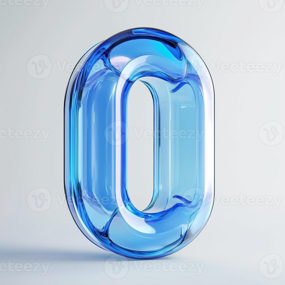 A translucent blue glass number zero illuminated by soft light, showcasing a modern design against a light background photo