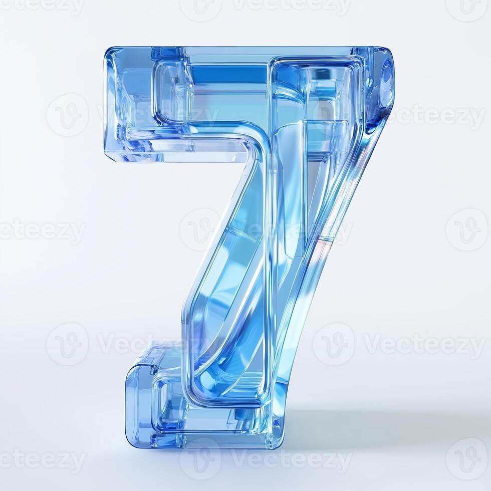 Translucent blue number seven with a glass-like texture against a light backdrop photo