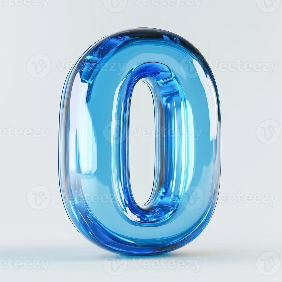 A vibrant blue glass numeral zero displaying modern design and captivating transparency on a soft background photo