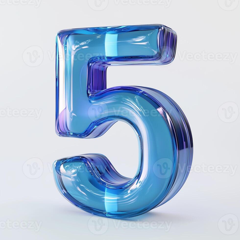 A glossy blue glass number five in 3D design reflecting light against a plain background photo