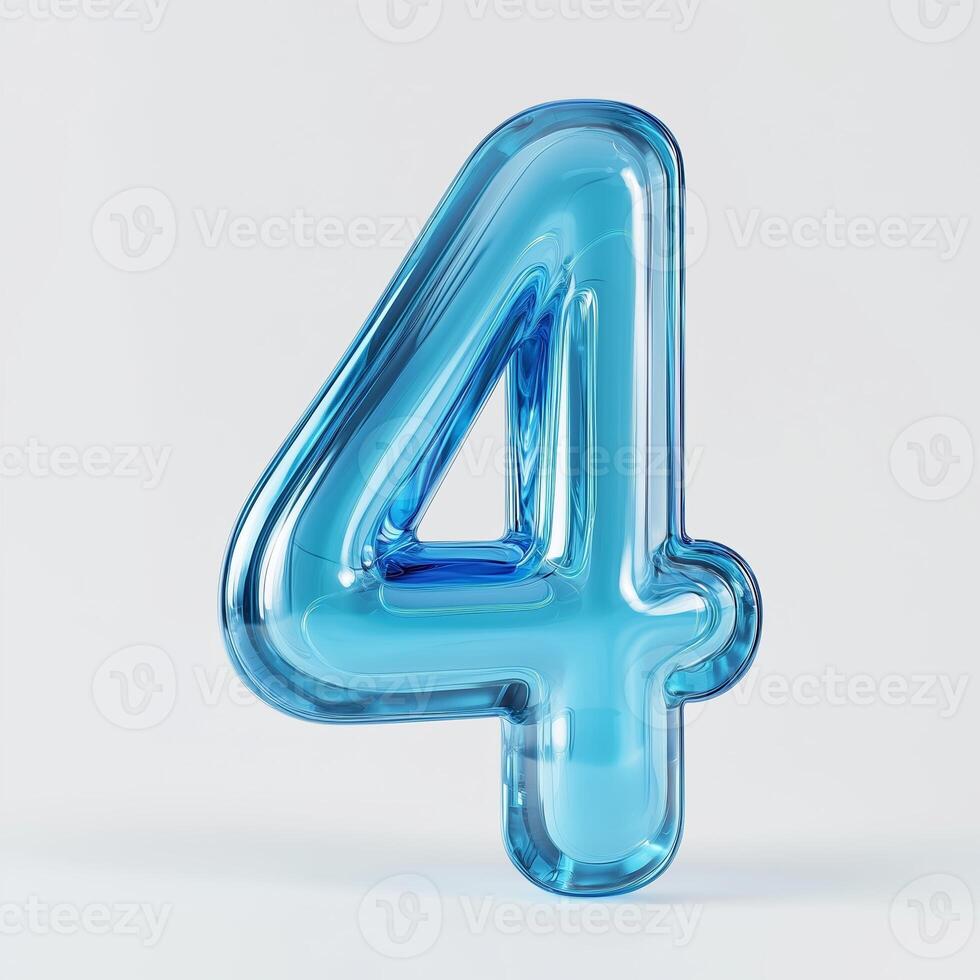 A translucent blue number four stands boldly against a soft white backdrop, showcasing unique light reflections and a modern design photo