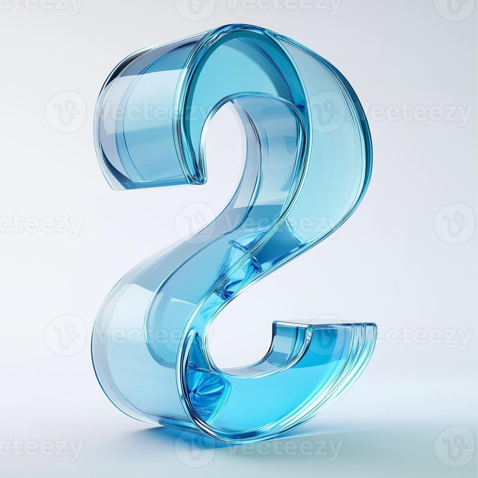 A translucent blue number two in a modern design against a light background, showcasing artistic typography and color photo