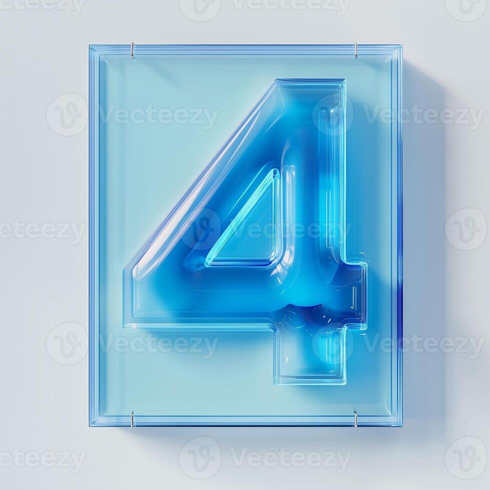 Stylish translucent blue number four displayed against a minimalist light backdrop, creating a modern aesthetic for various design contexts photo