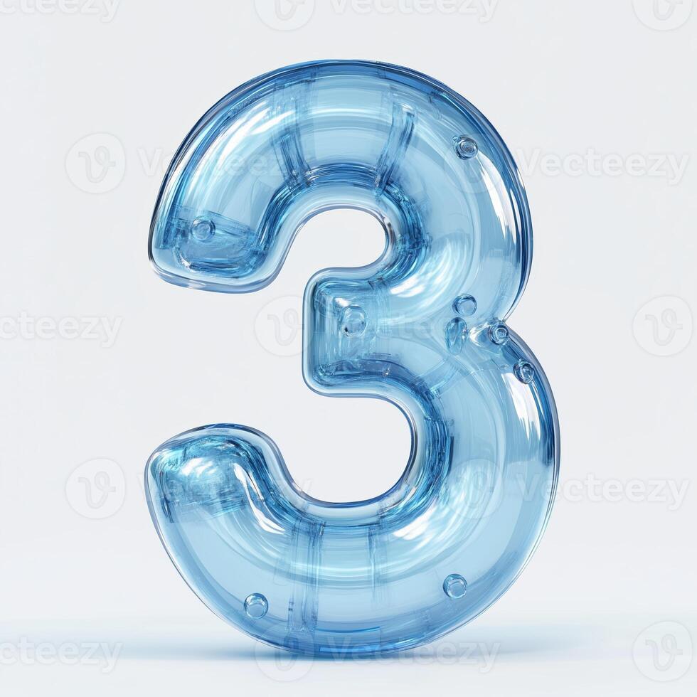 Translucent blue number three displayed against a light background for festive celebrations or educational purposes photo