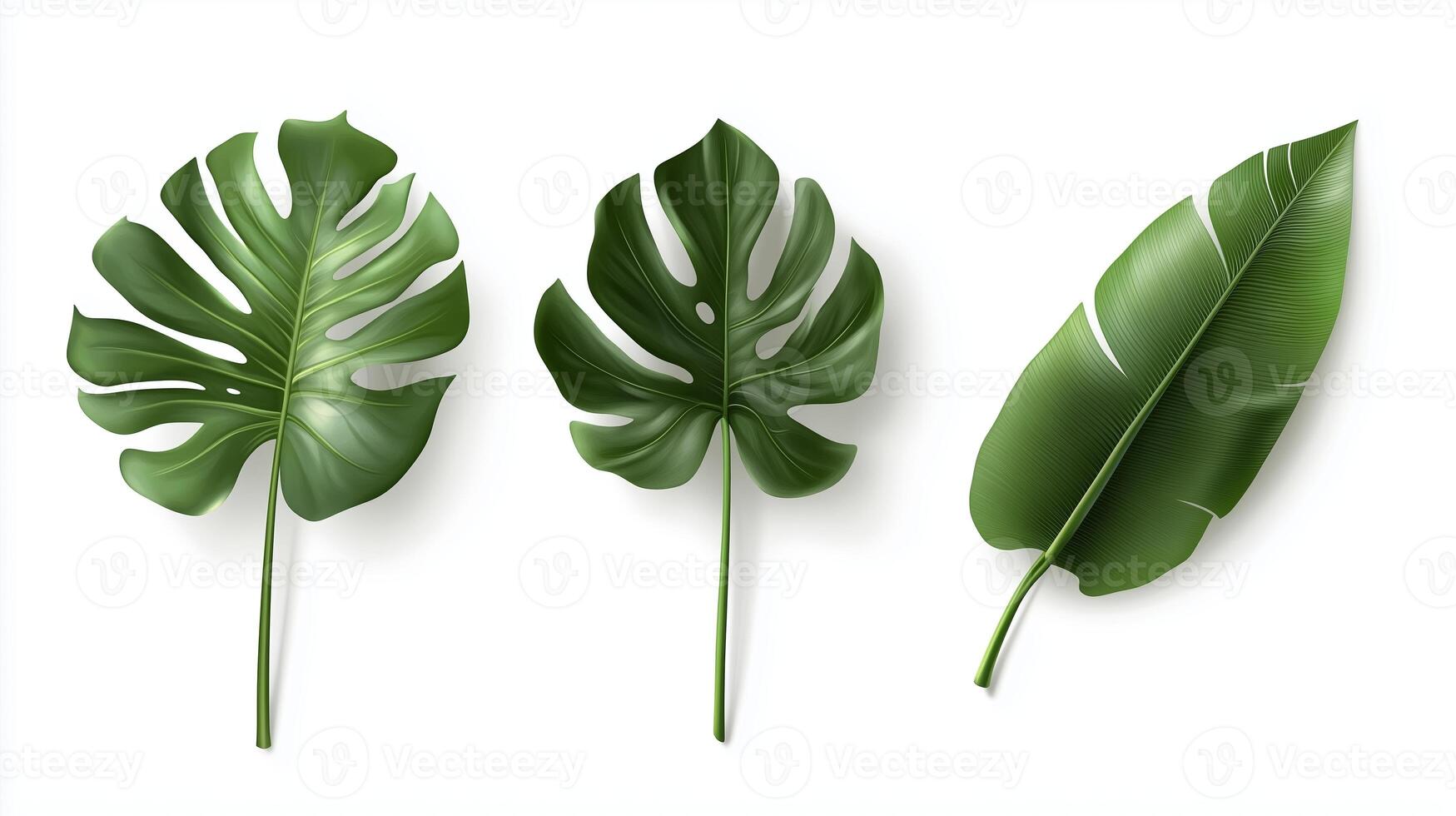 Three tropical leaves arranged in a row showcasing vibrant green colors and distinct shapes photo