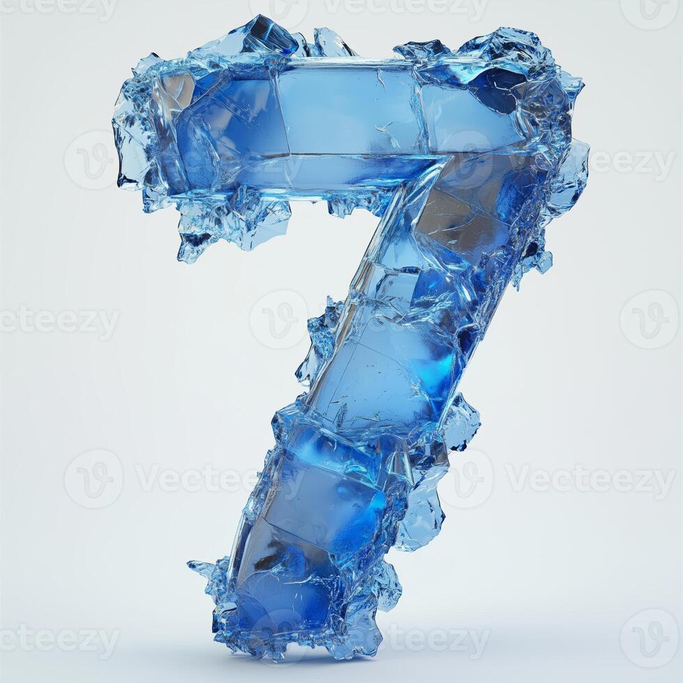 A translucent blue ice number seven surrounded by icy shards on a light background, showcasing a cool and refreshing design photo