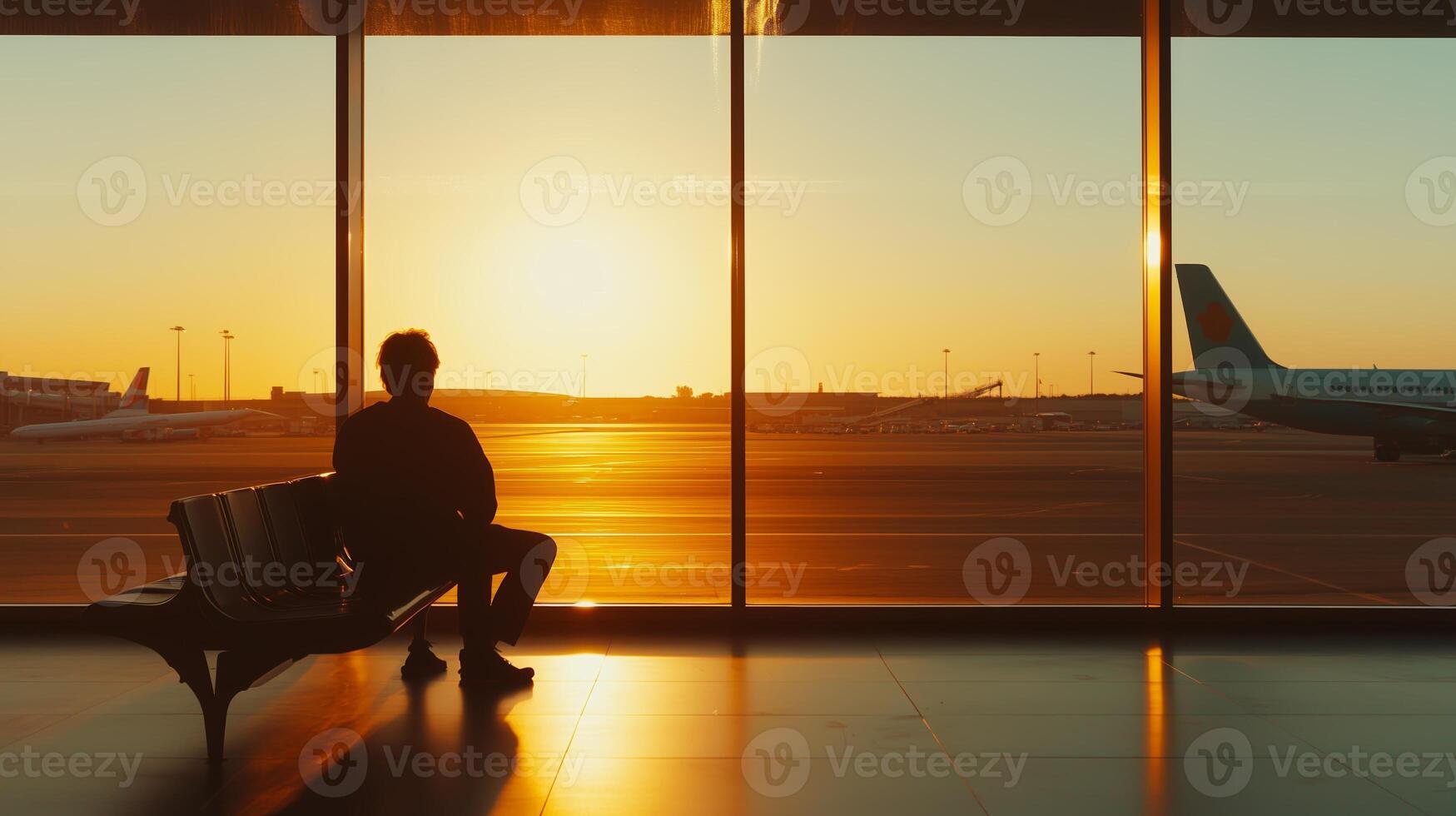 A traveler waiting at an airport terminal during sunset, reflecting on journeys while watching planes take off and land photo