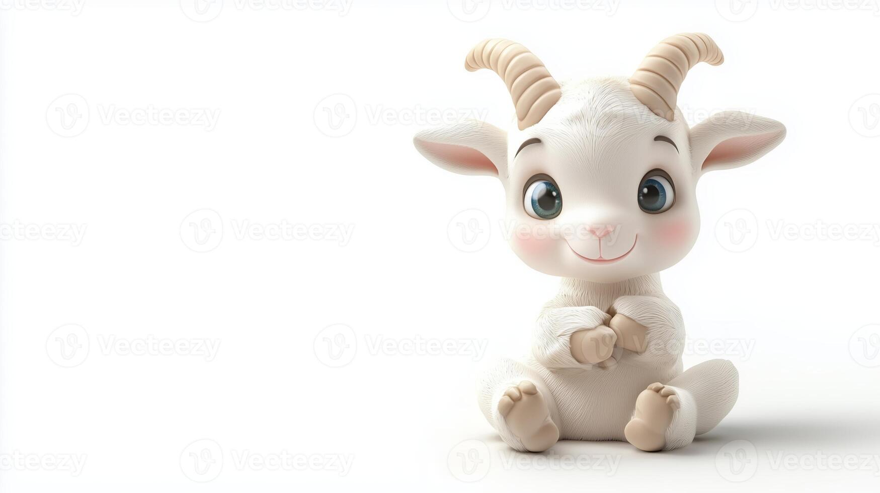 A cute goat figurine sits happily on a white background, showcasing its playful expression and adorable features in bright daylight photo