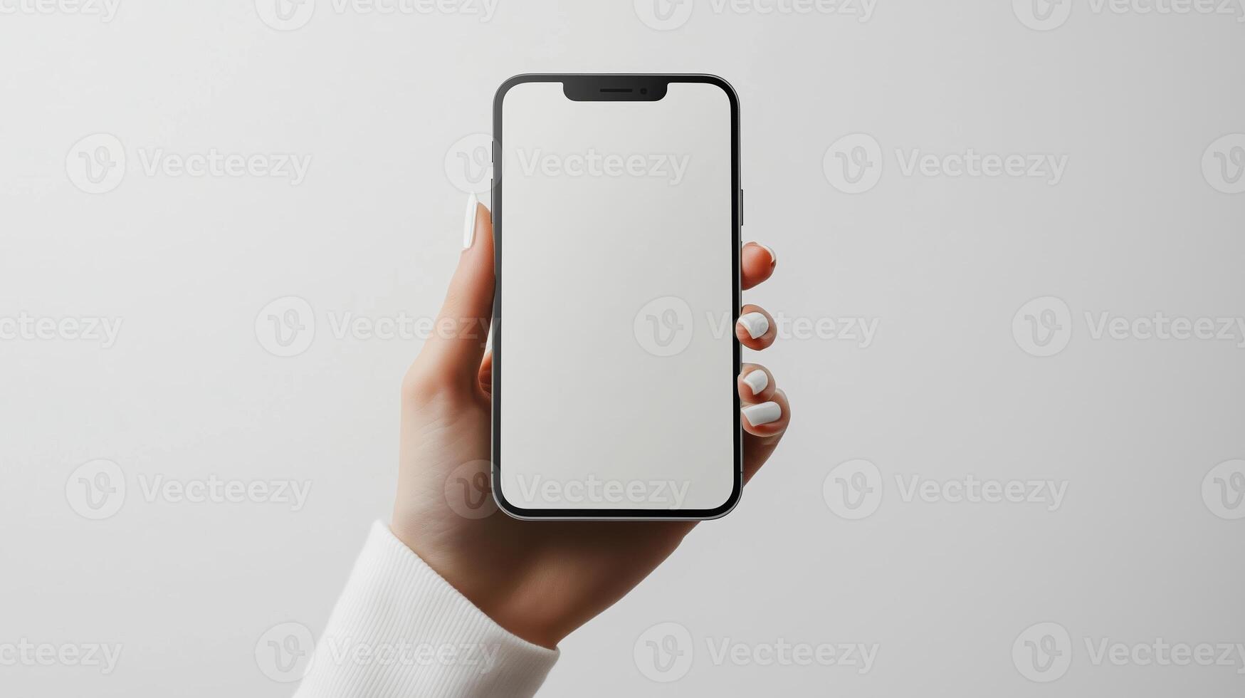 A person holds a blank smartphone in their hand against a neutral background, showcasing modern technology and minimalism photo