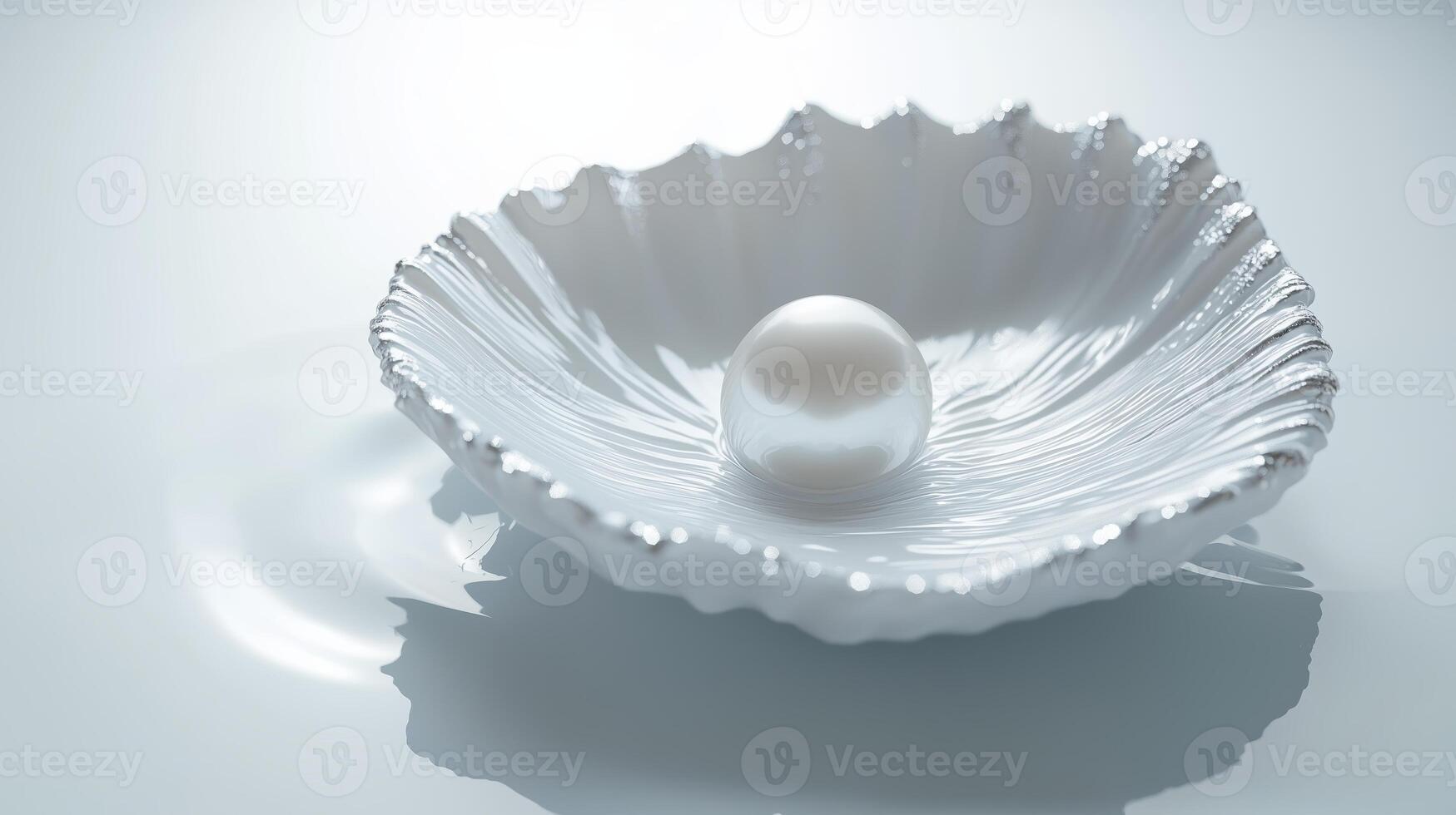 A single pearl nestled in a delicate white shell resting on a smooth surface illuminated by soft light photo