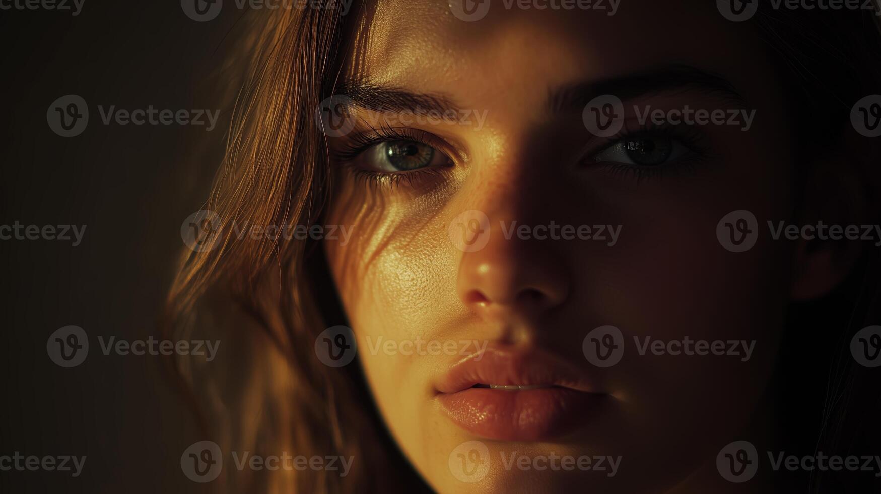 A close-up of a young woman's face illuminated by soft, natural light, revealing expressive features and a serene expression photo