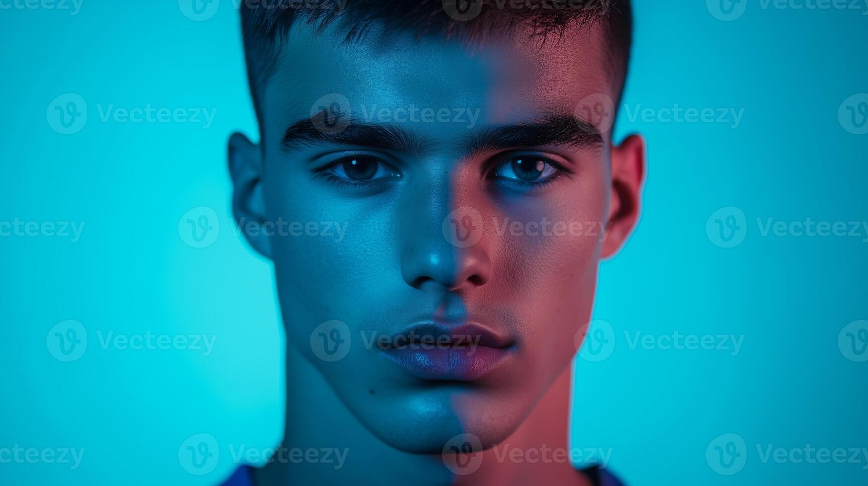 Young man with intense gaze illuminated by blue light in a dramatic portrait taken in a studio setting during twilight photo