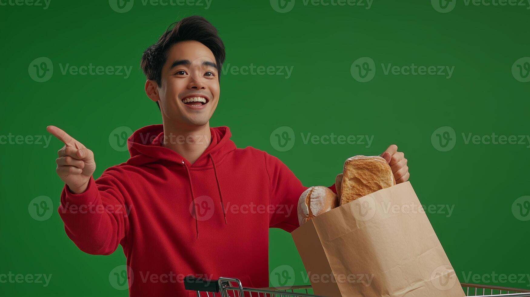Young man in a red hoodie happily points while holding a grocery bag filled with bread in an indoor green setting photo