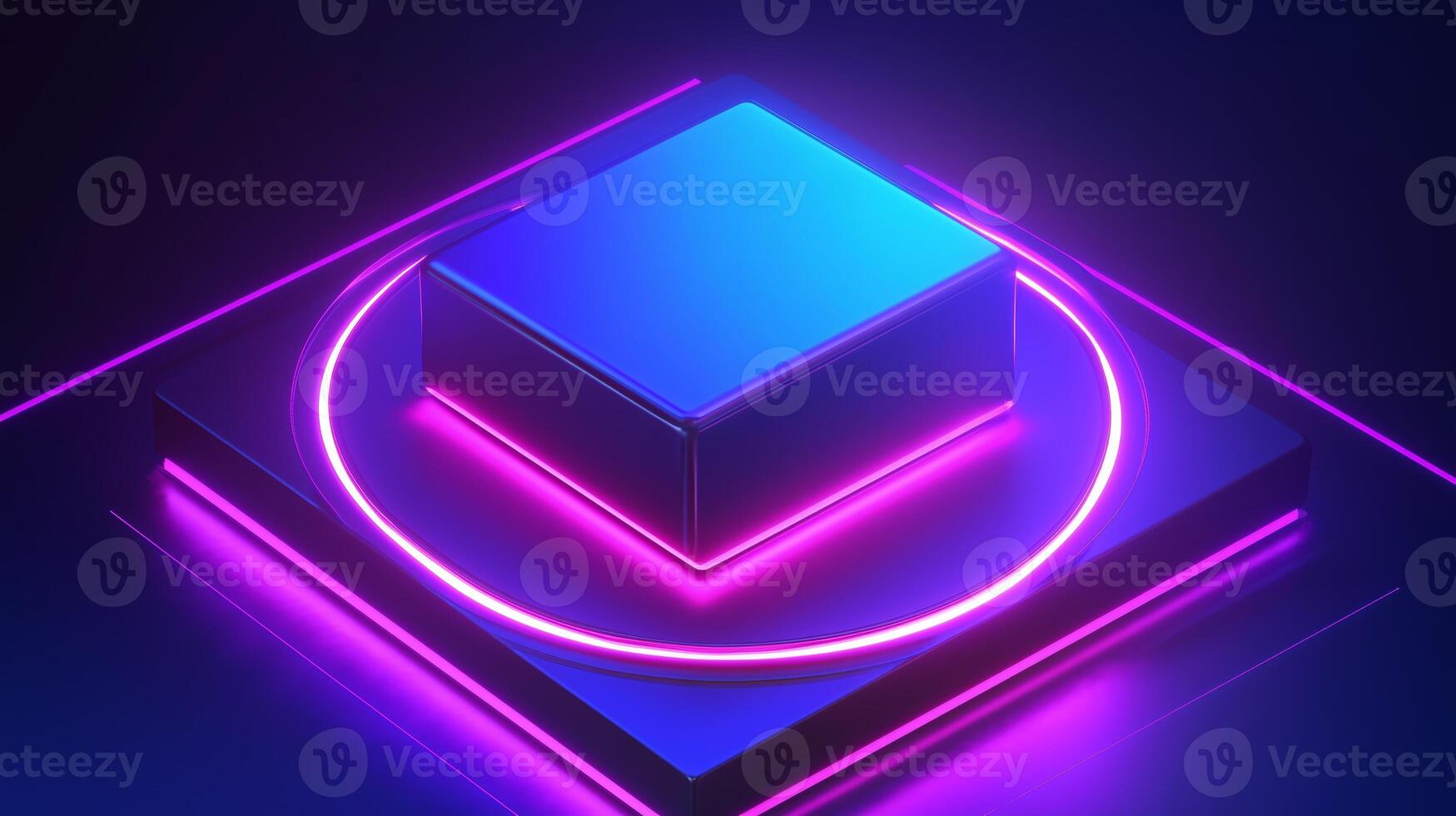 A glowing blue and purple block centered on a dark surface with radiant circular neon lights creating a futuristic ambiance photo