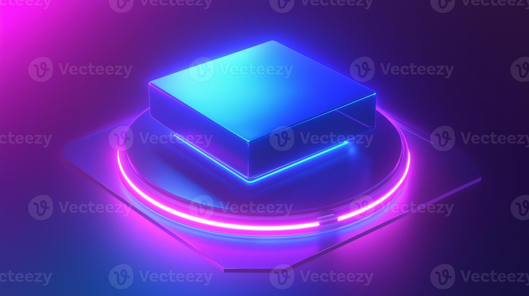 A sleek, illuminated platform featuring a shiny square object in vibrant blue and pink neon lights at night photo
