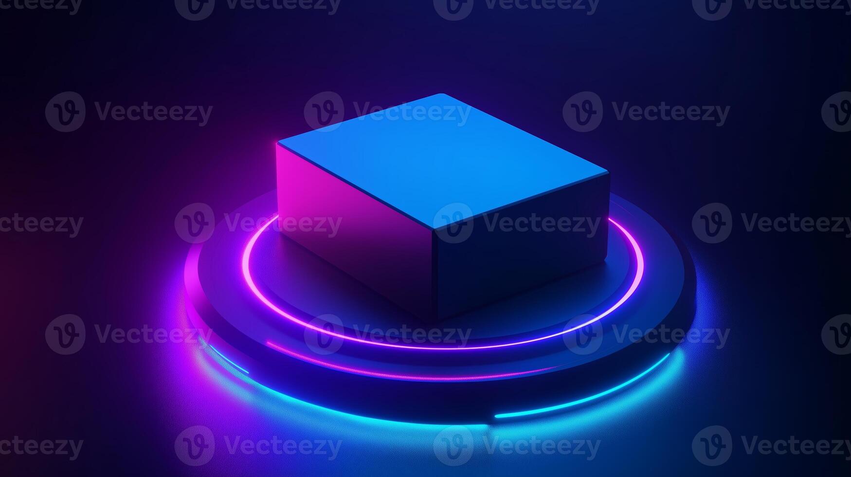 A glowing cube illuminated by vibrant blue and pink lights on a circular platform in a dark environment photo