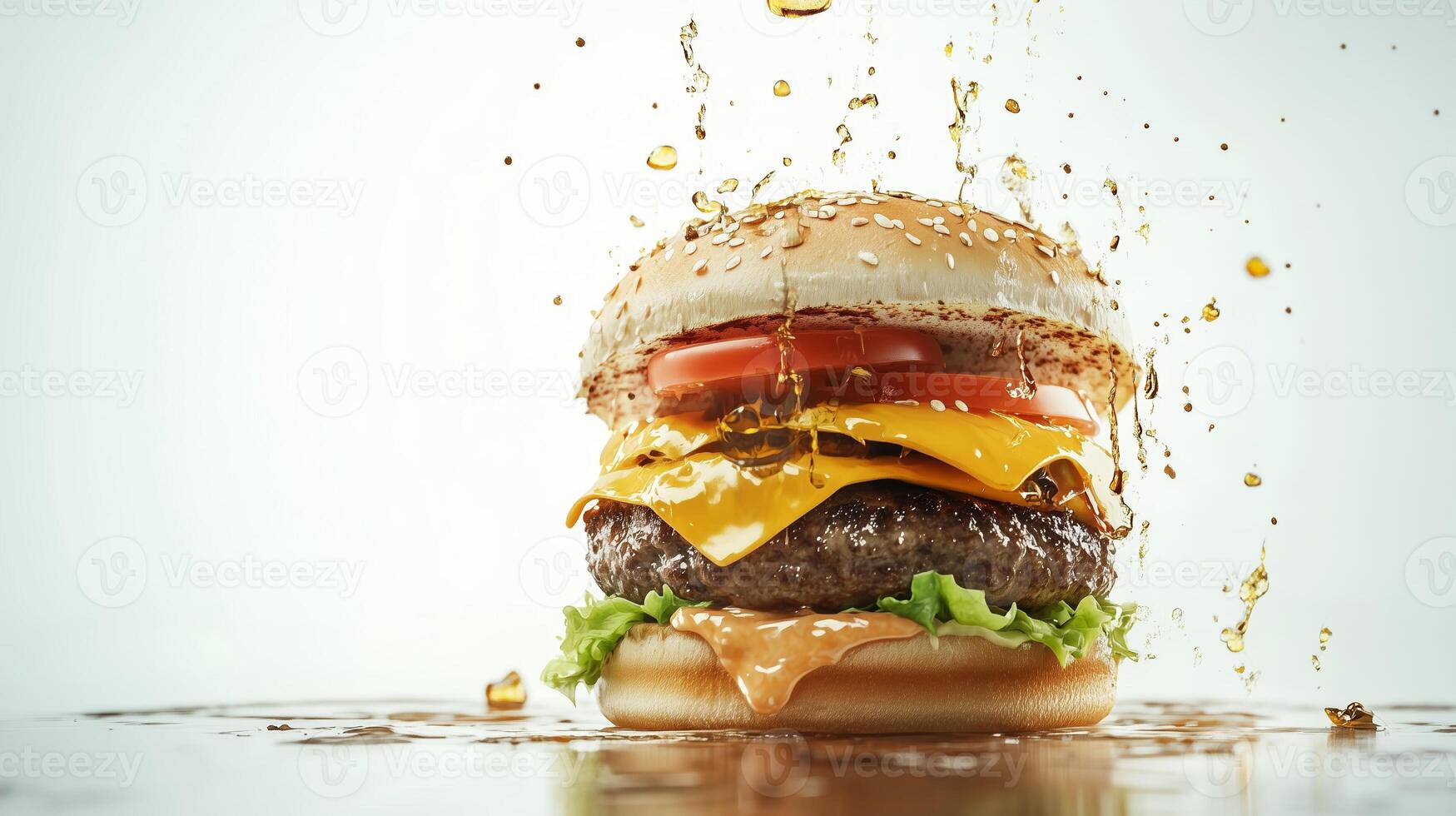 Juicy hamburger with cheese, lettuce, and tomato surrounded by splashes of sauce on a clean white background photo