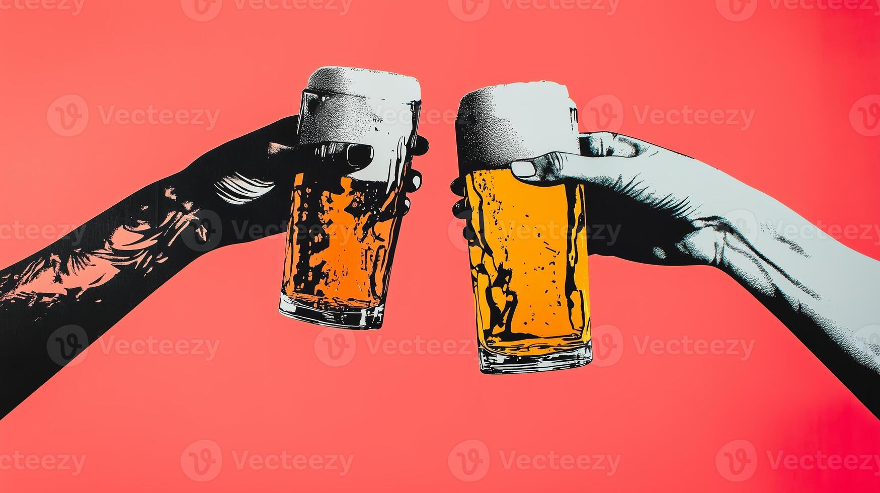 Cheers with colorful beer glasses against a vibrant pink background celebrating friendship and good times photo