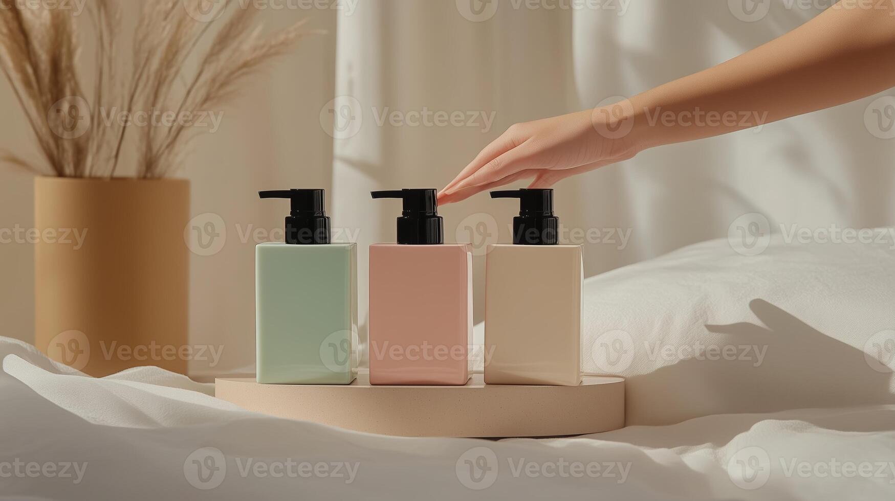 A hand reaching for three elegant lotion bottles in pastel colors on a soft bed with natural light illuminating the serene setting photo