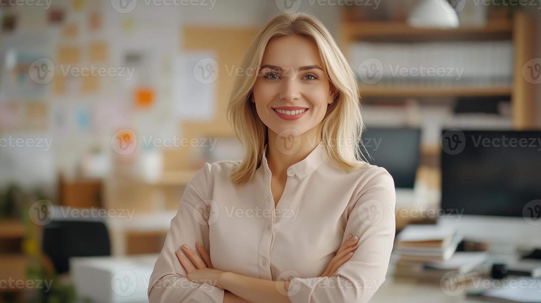 Confident woman smiling in a modern office setting during daylight hours with her arms crossed, showcasing a friendly professional demeanor photo