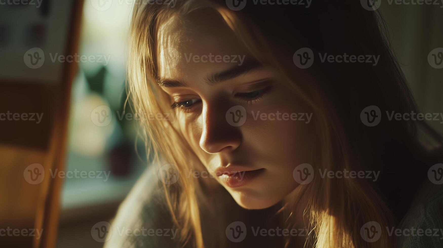 A young woman ponders deeply in a softly lit room during the golden hour, surrounded by a tranquil atmosphere photo