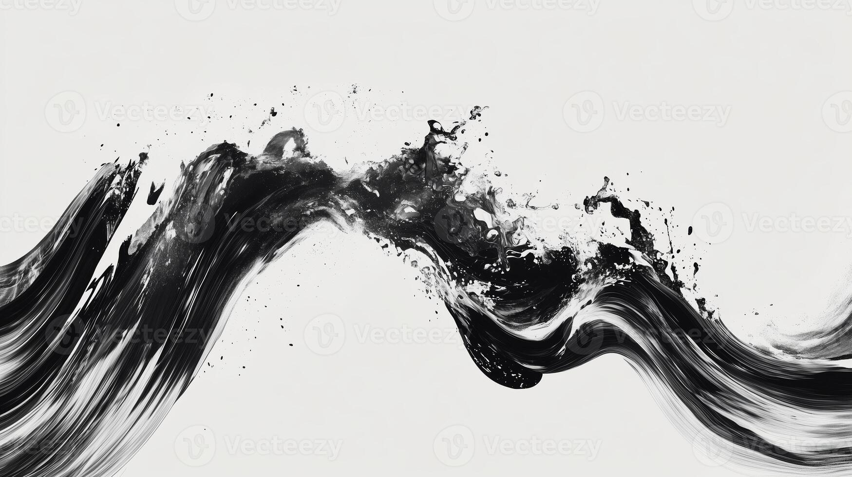 Abstract black and white painting featuring swirling waves of monochrome paint on a light background photo
