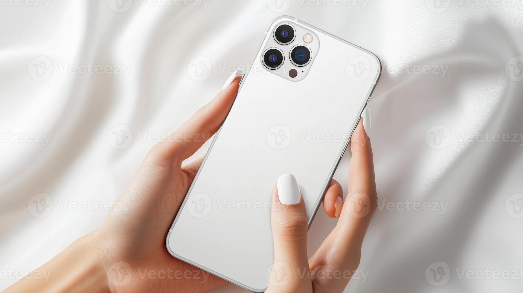 A person holds a sleek white smartphone with three cameras in a bright, softly lit environment photo