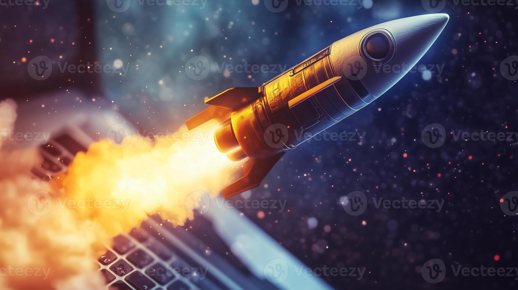 A small rocket launches from a laptop, representing innovation and technology in a futuristic space setting at night photo