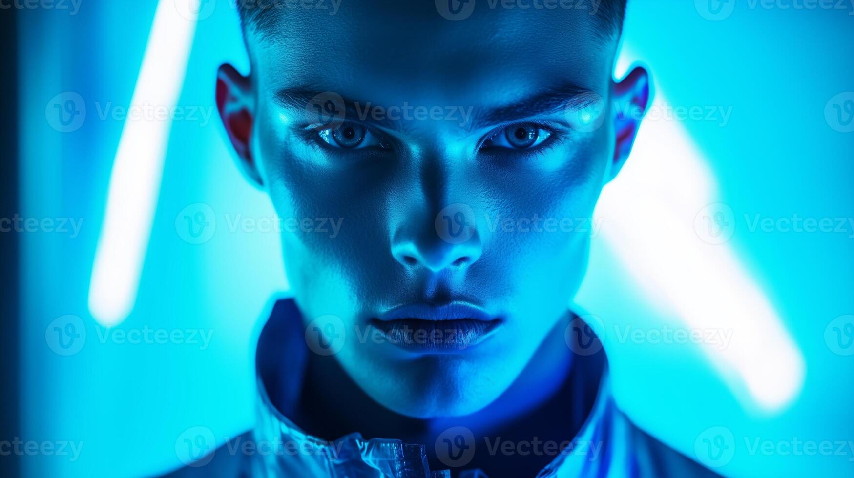 An expressive young model poses dramatically against a vibrant blue neon backdrop showcasing a contemporary urban aesthetic photo
