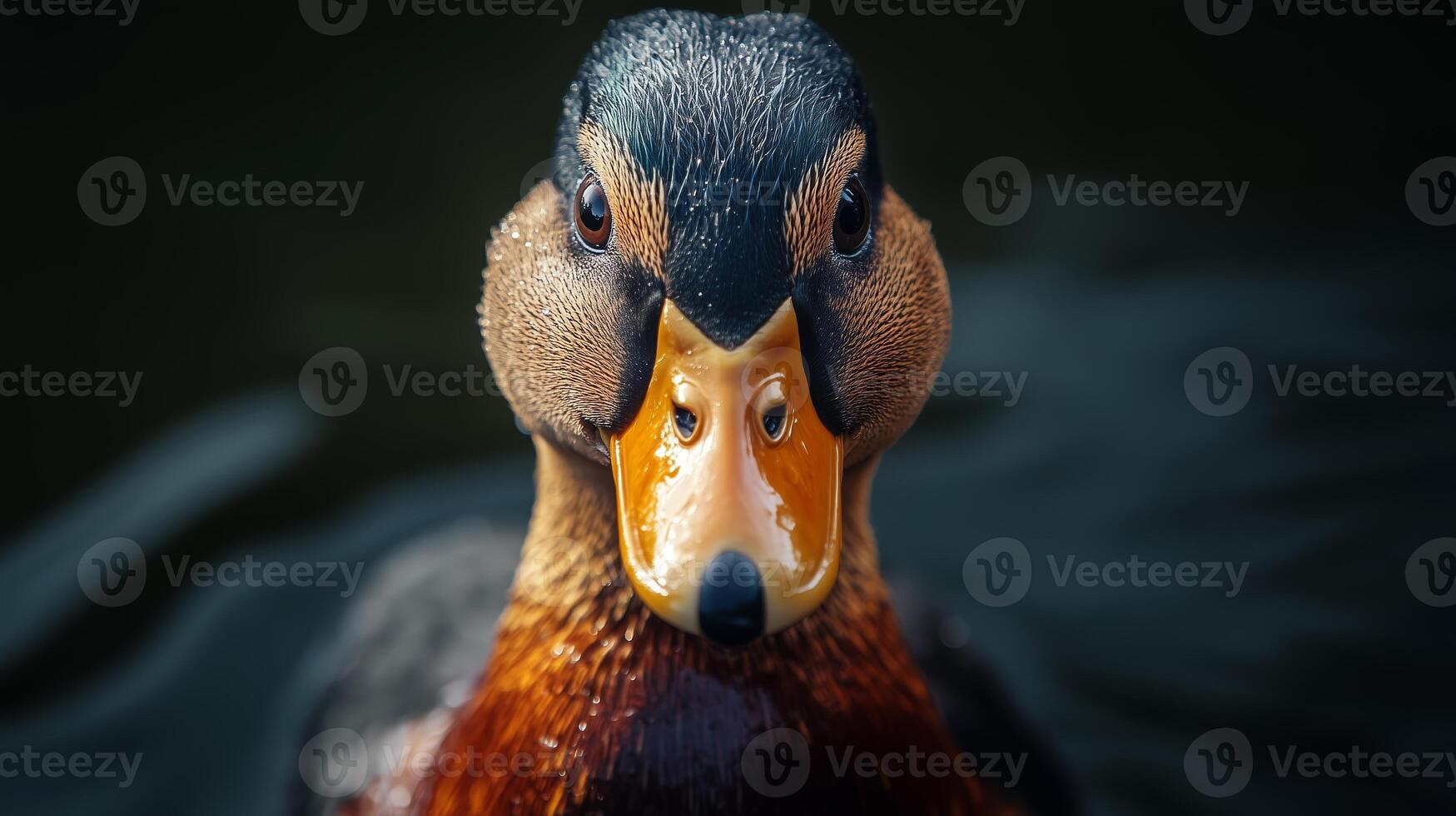 A close-up view of a mallard duck swimming in a calm lake at twilight photo