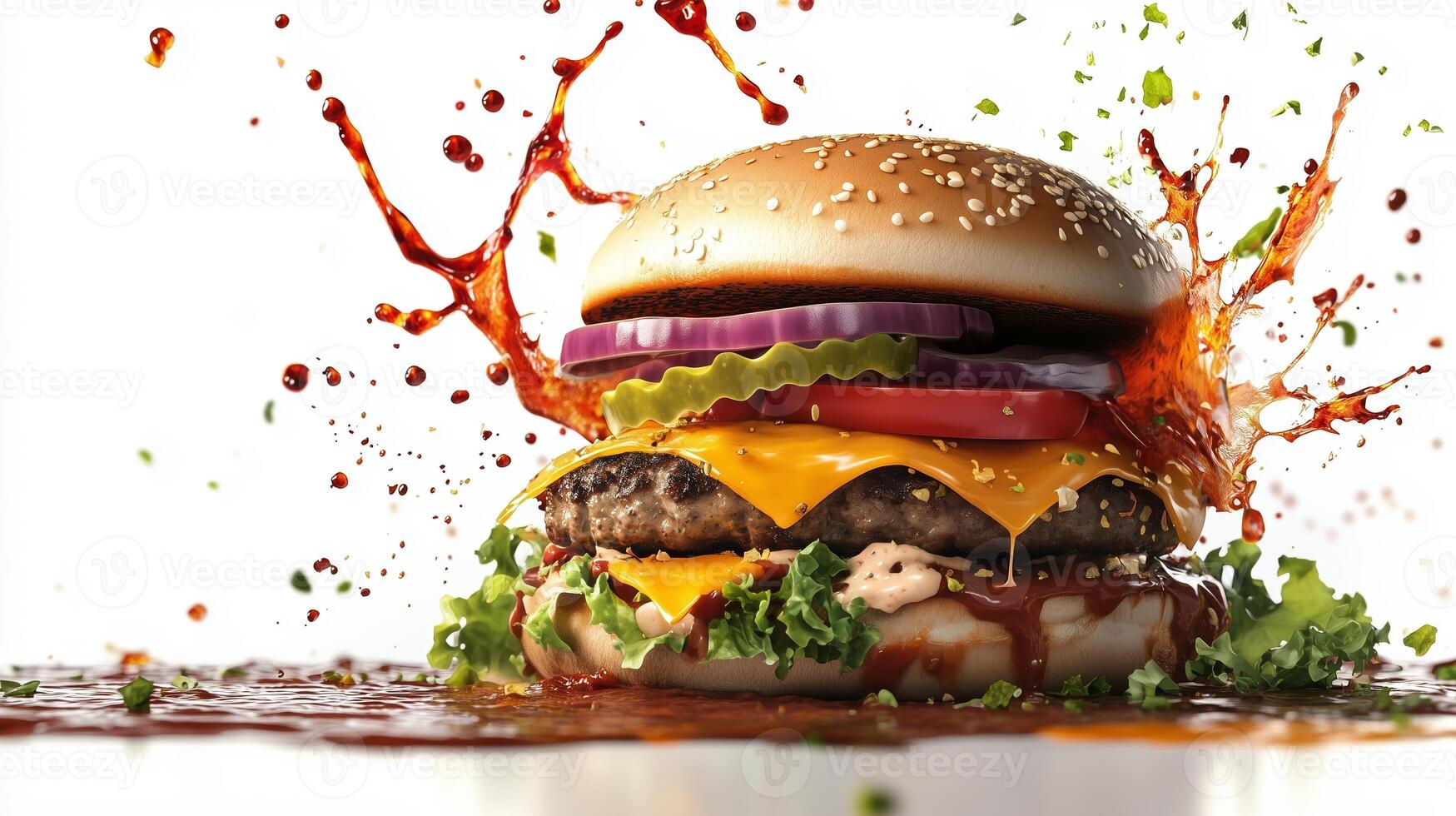 Juicy hamburger with cheese and vegetables splashed with sauce on a white background photo