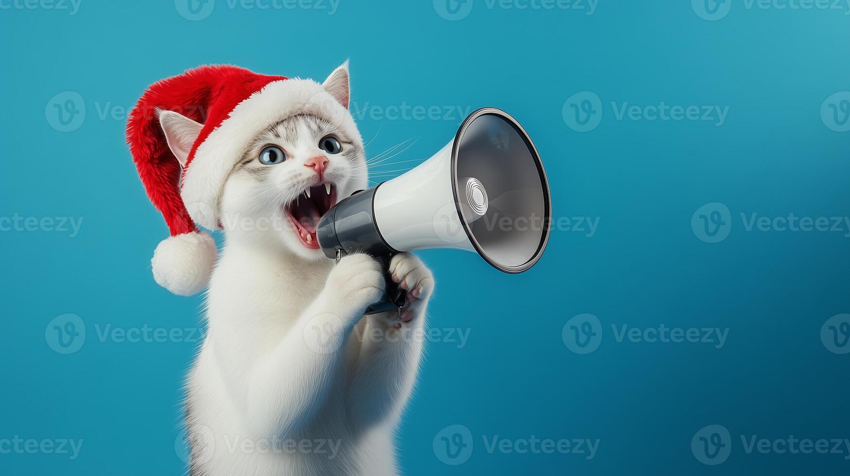 A festive cat wearing a Santa hat joyfully using a megaphone against a bright blue background during the holiday season photo