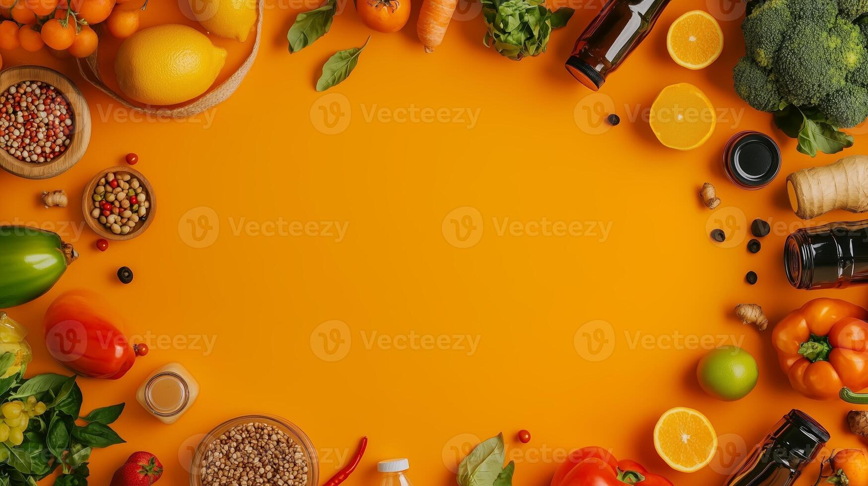 Fresh vegetables and fruits arranged on a vibrant orange backdrop creating a colorful culinary display in a kitchen setting photo