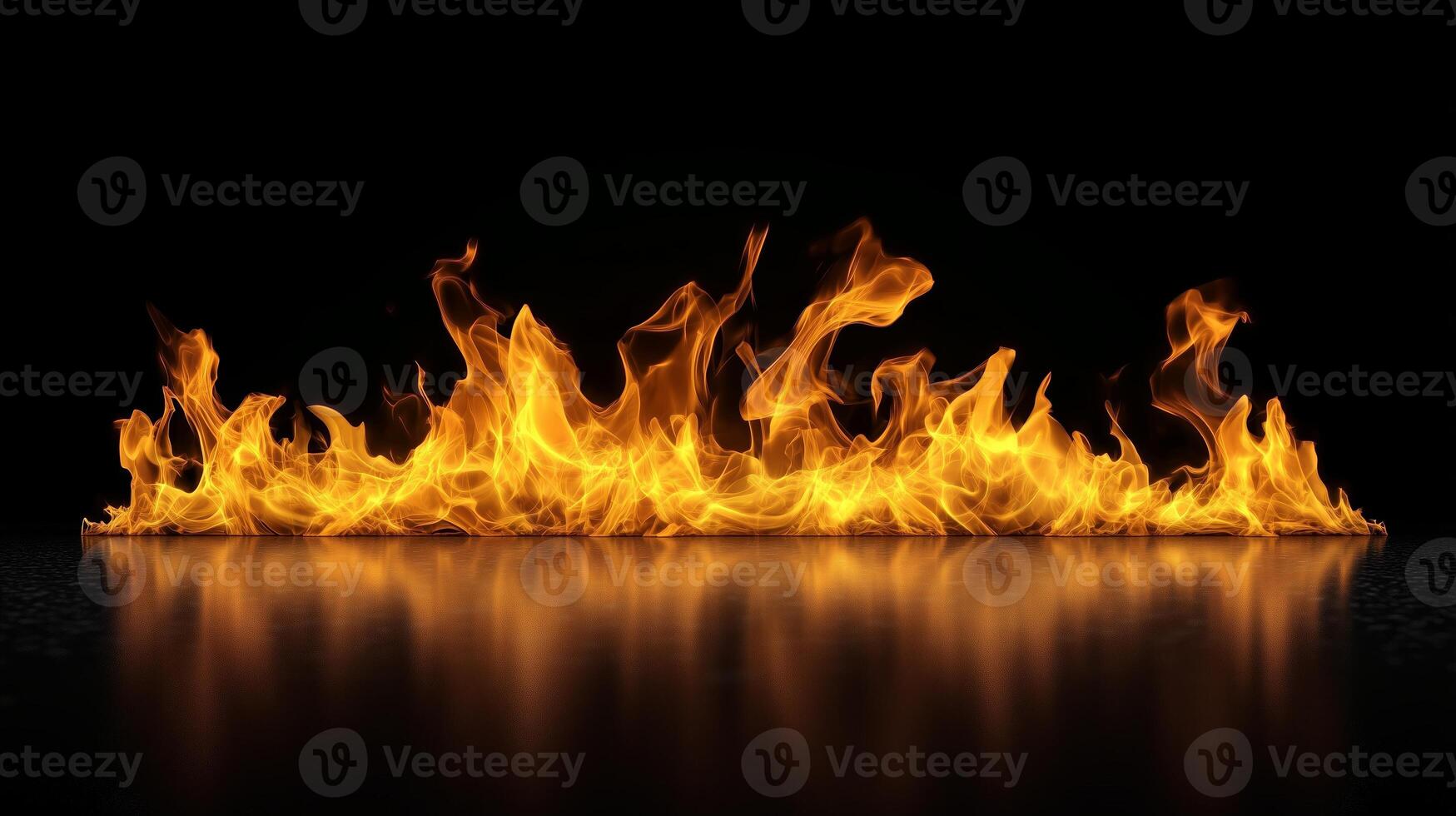Bright flames dance above a reflective surface, creating a mesmerizing display of fire against a dark background at night photo