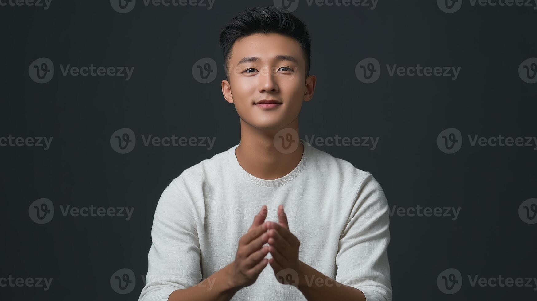 A young man smiles warmly while clapping his hands in a studio setting, showcasing a relaxed demeanor against a dark background photo