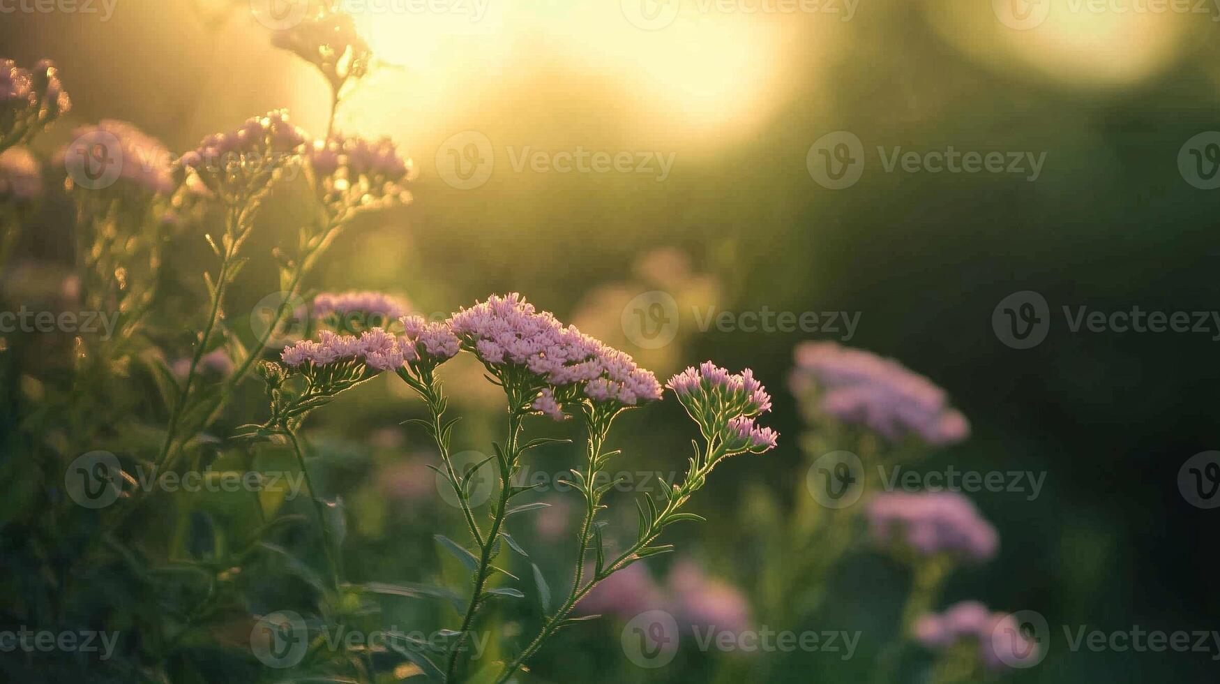 Soft pink wildflowers bloom in golden sunlight during a serene evening in a lush garden photo