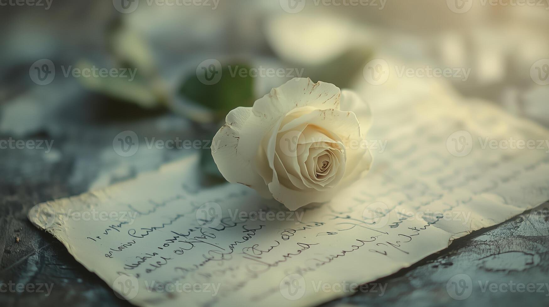 A delicate white rose resting on handwritten letters, capturing timeless sentiments in soft natural light photo